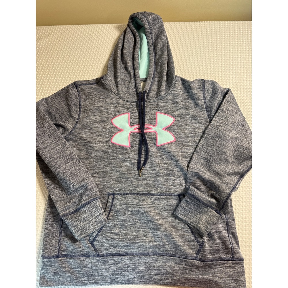 Under Armour Hoodie Women Medium Space Dye Navy Blue Aqua Pink Logo Pullover